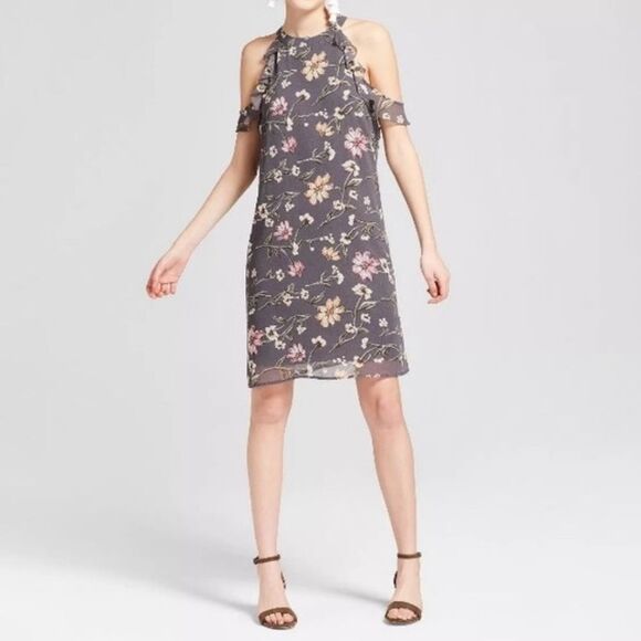 Gray orange and pink floral print off shoulder ruffle shift dress size small - Picture 1 of 9